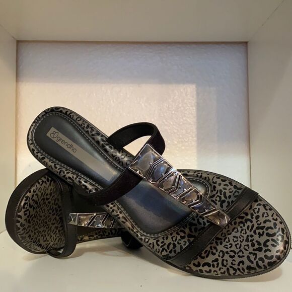 Grendha Womens Wedge Embellish Jewels Silver Pewter Animal Print Slip On Sandals - Picture 1 of 16